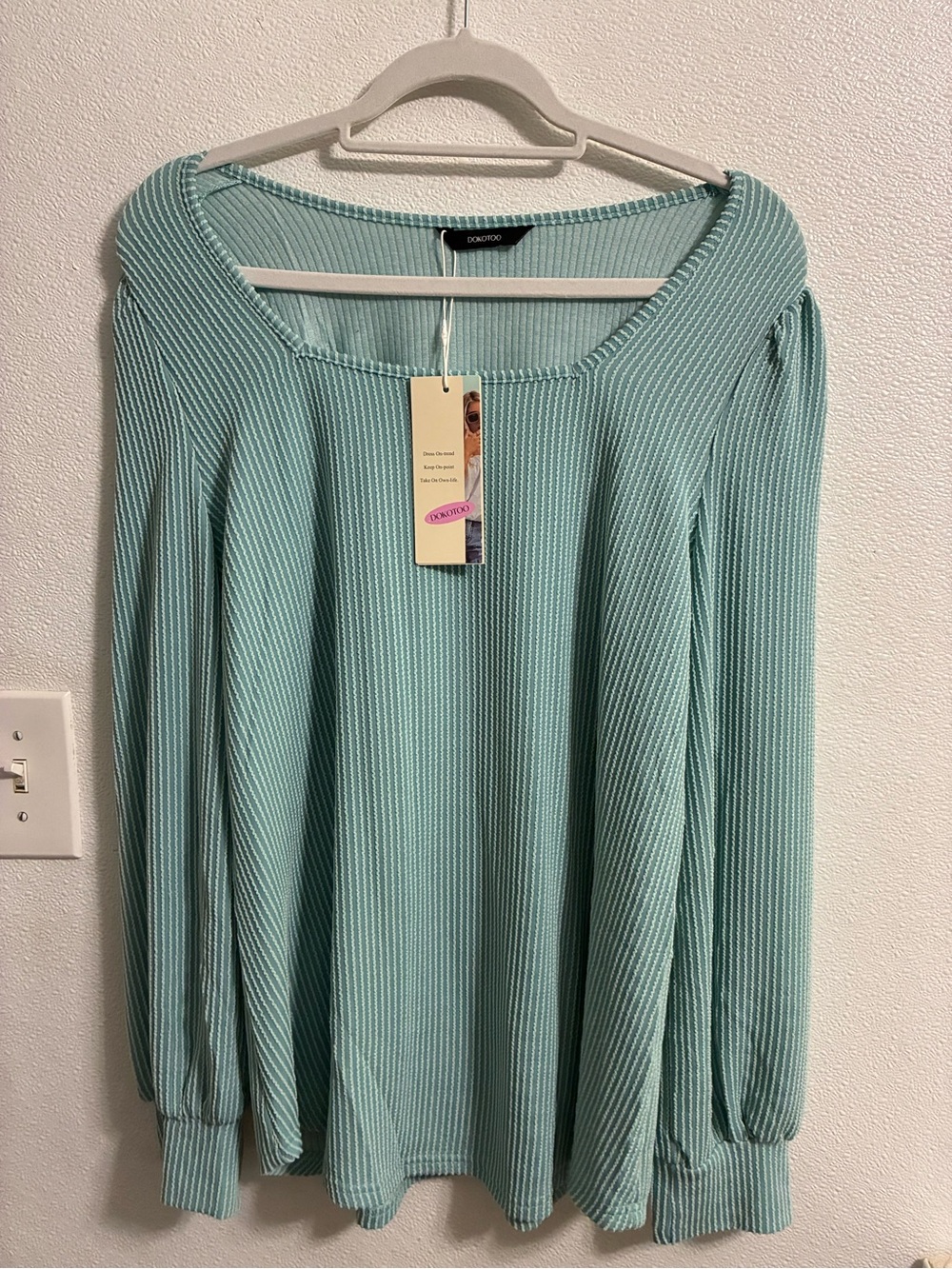 Dokotoo Mint Ribbed Square-Neck Long Sleeve Top NWT Large